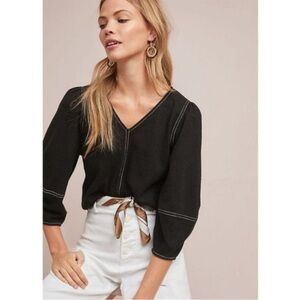 Anthropologie Black Blouse with White Stitching